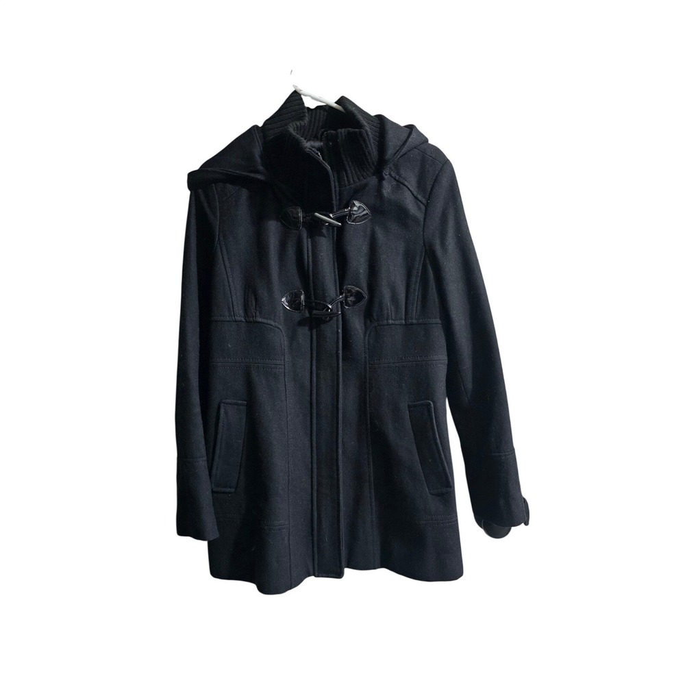 Guess Toggle Hooded Coat Women Large Black Wool Blend Ribbed Collar Jacket